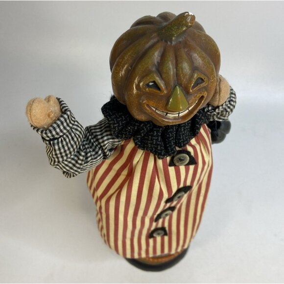 Halloween Pumpkin Head Figurine On Stand Fabric Resin Scarecrow 16 in Vtg - Picture 8 of 10